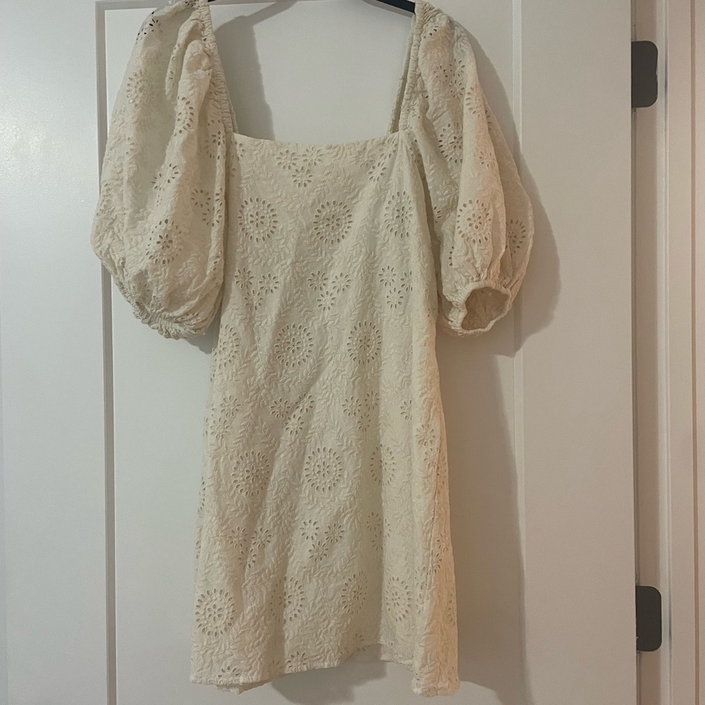 Cream Puff Sleeve Eyelet Mini Dress